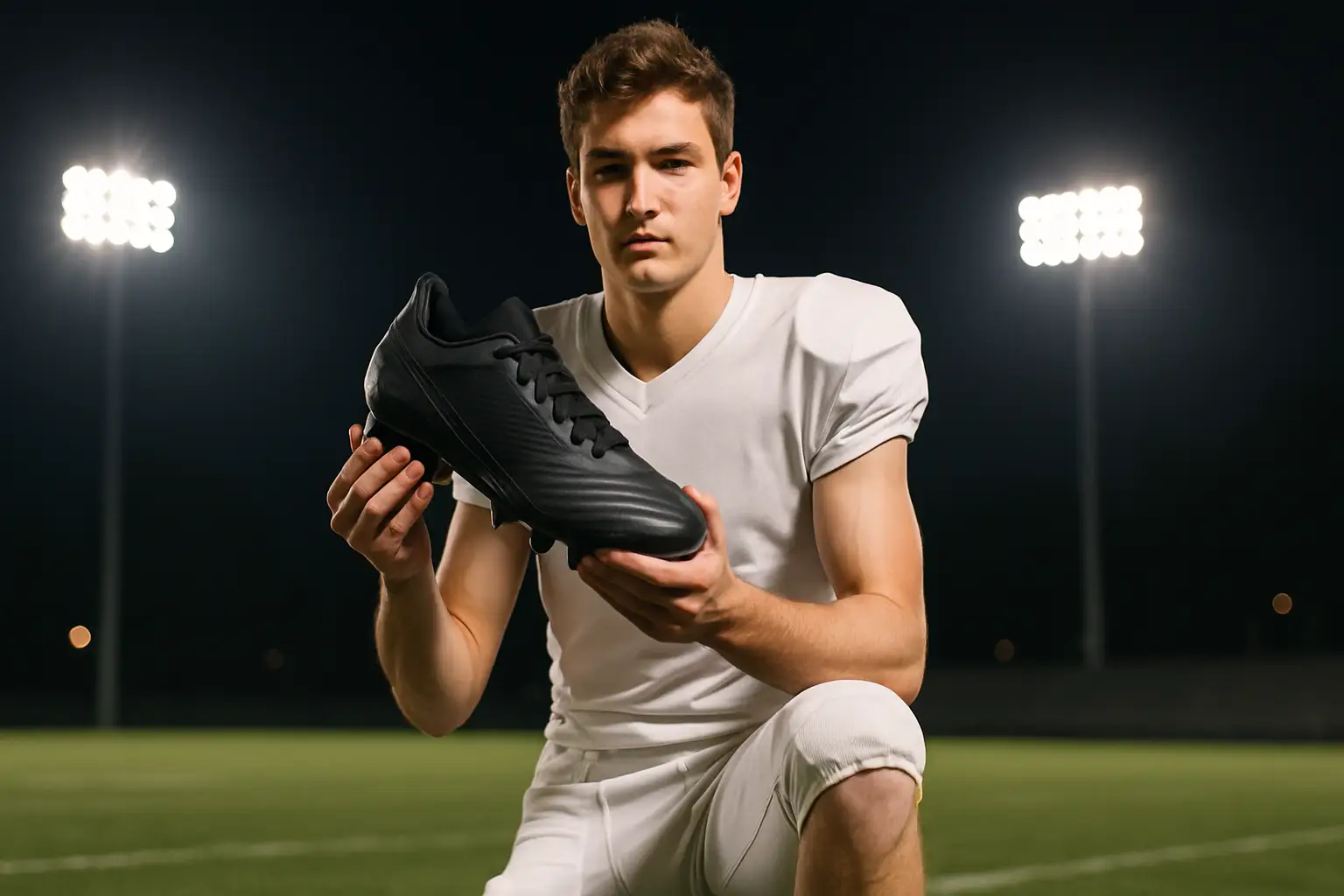 High school football player holding a pair of Nike cleats on a stadium field