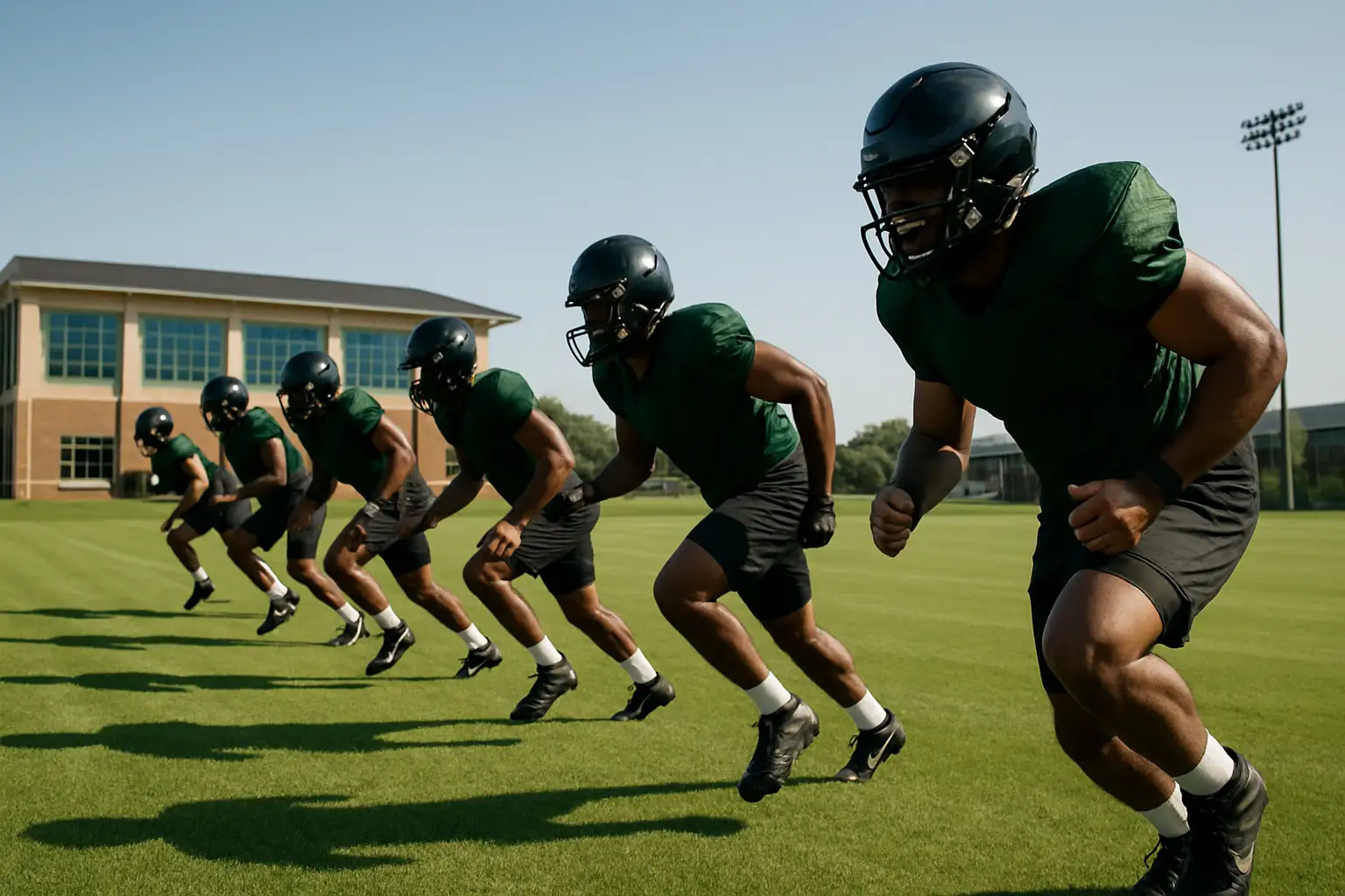 NIU Huskies football players running drills during fall practice on a college field