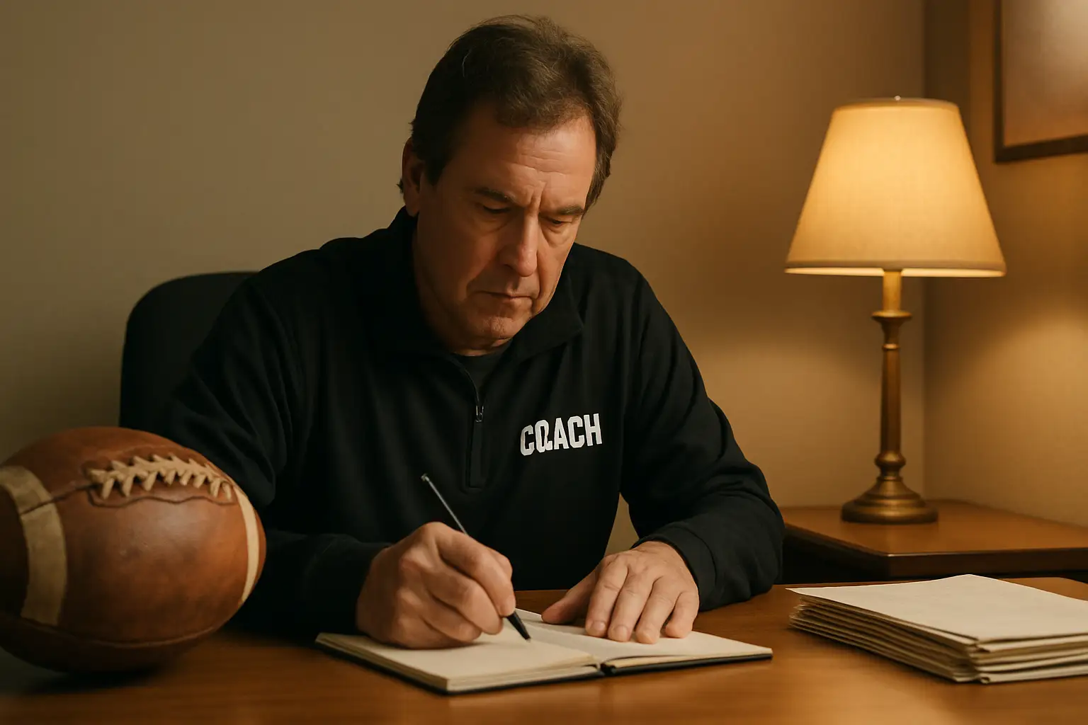 A football coach writing notes at a desk with a football and playbook nearby