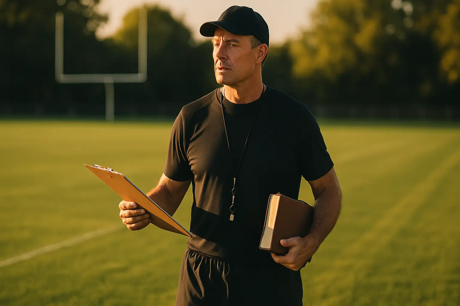 A high school football coach standing on a practice field holding a clipboard and a book
