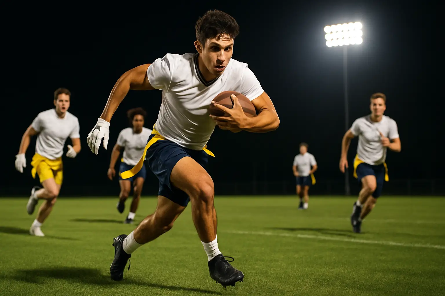 A flag football player in university colors sprinting downfield during a competitive game
