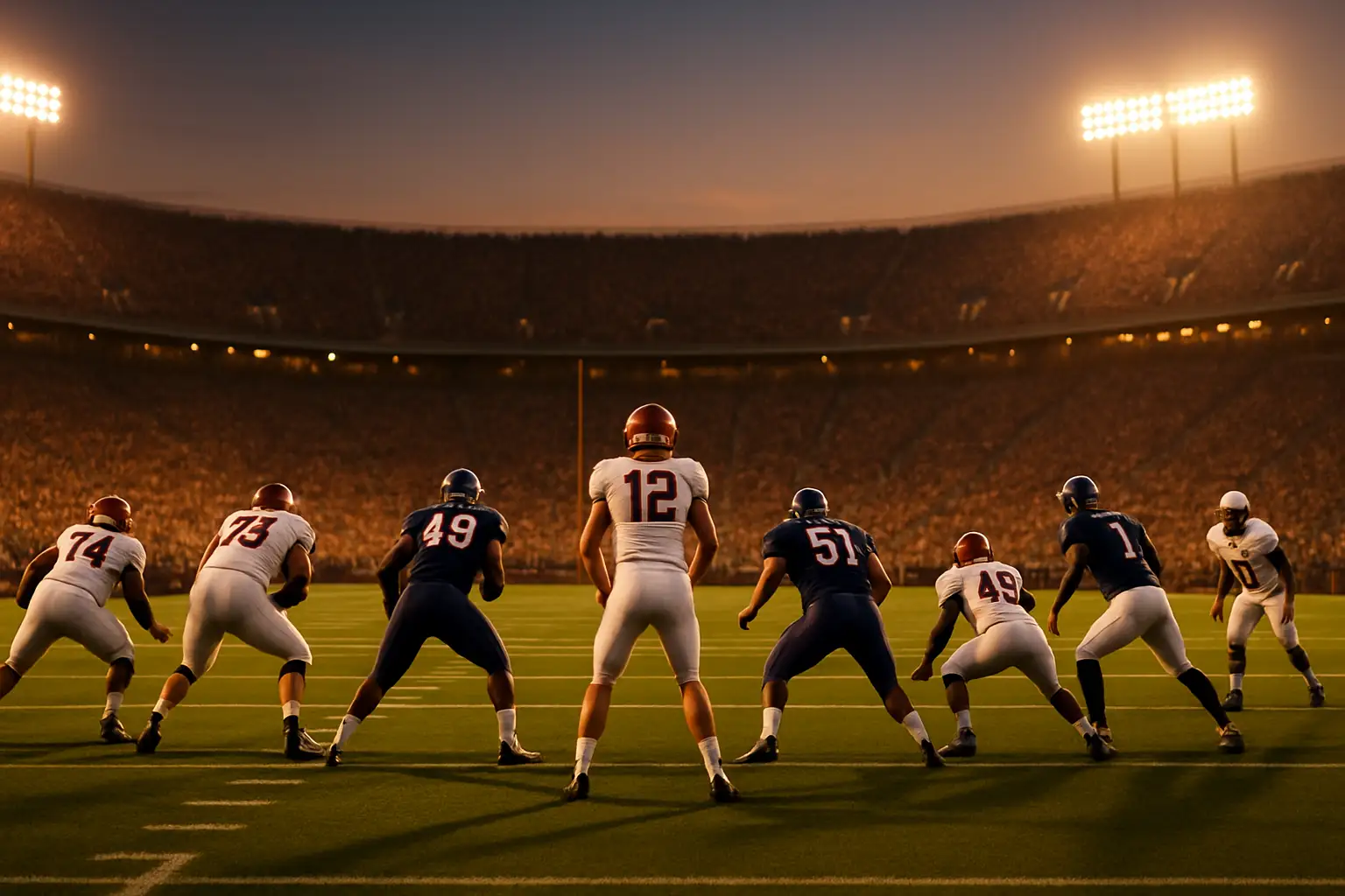 Football players in blue and red uniforms competing on a college football field under stadium lights