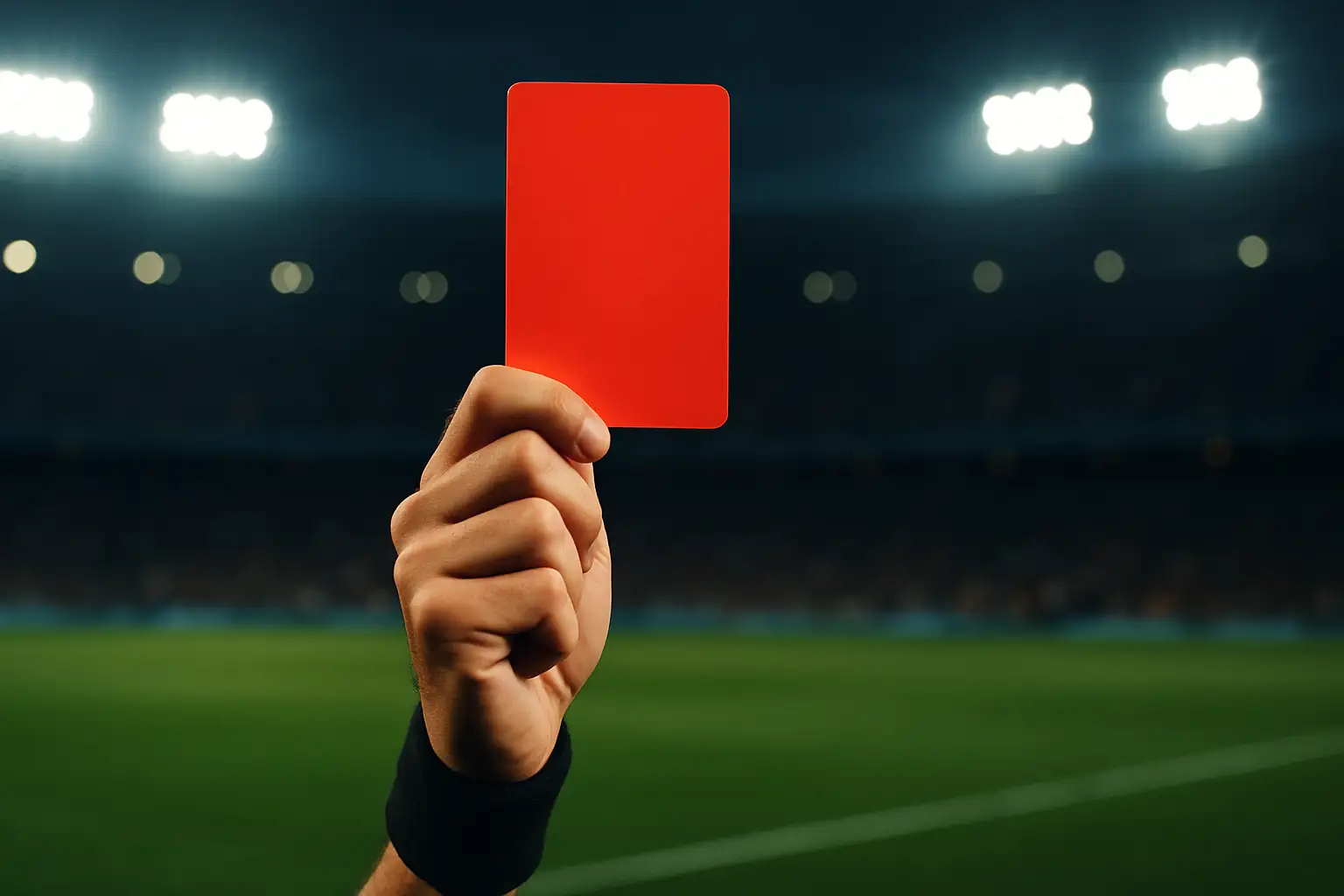 A red card held up on a football pitch with stadium lights in the background