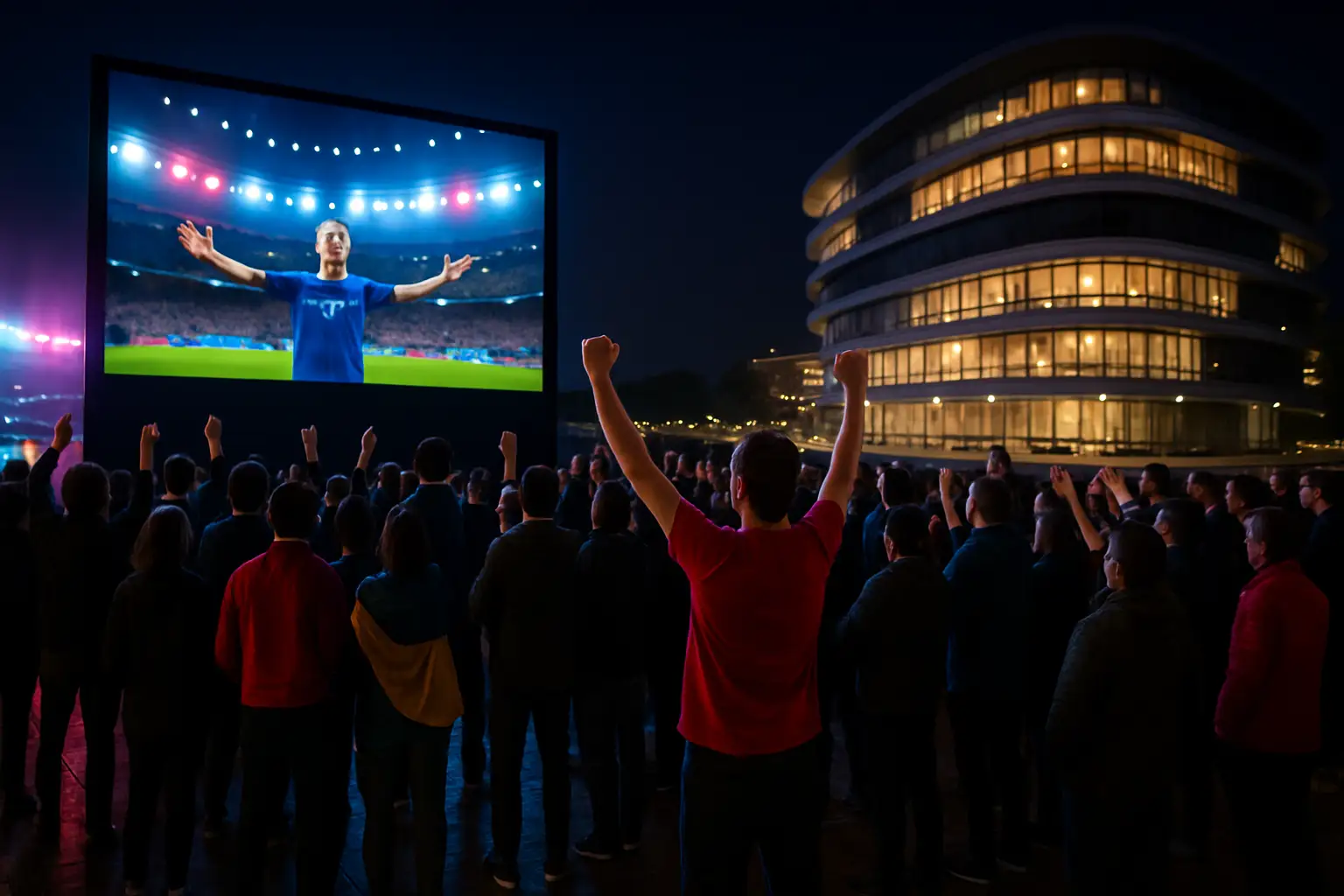 Football fans gathered at an outdoor public screening watching a live match on a large screen at night