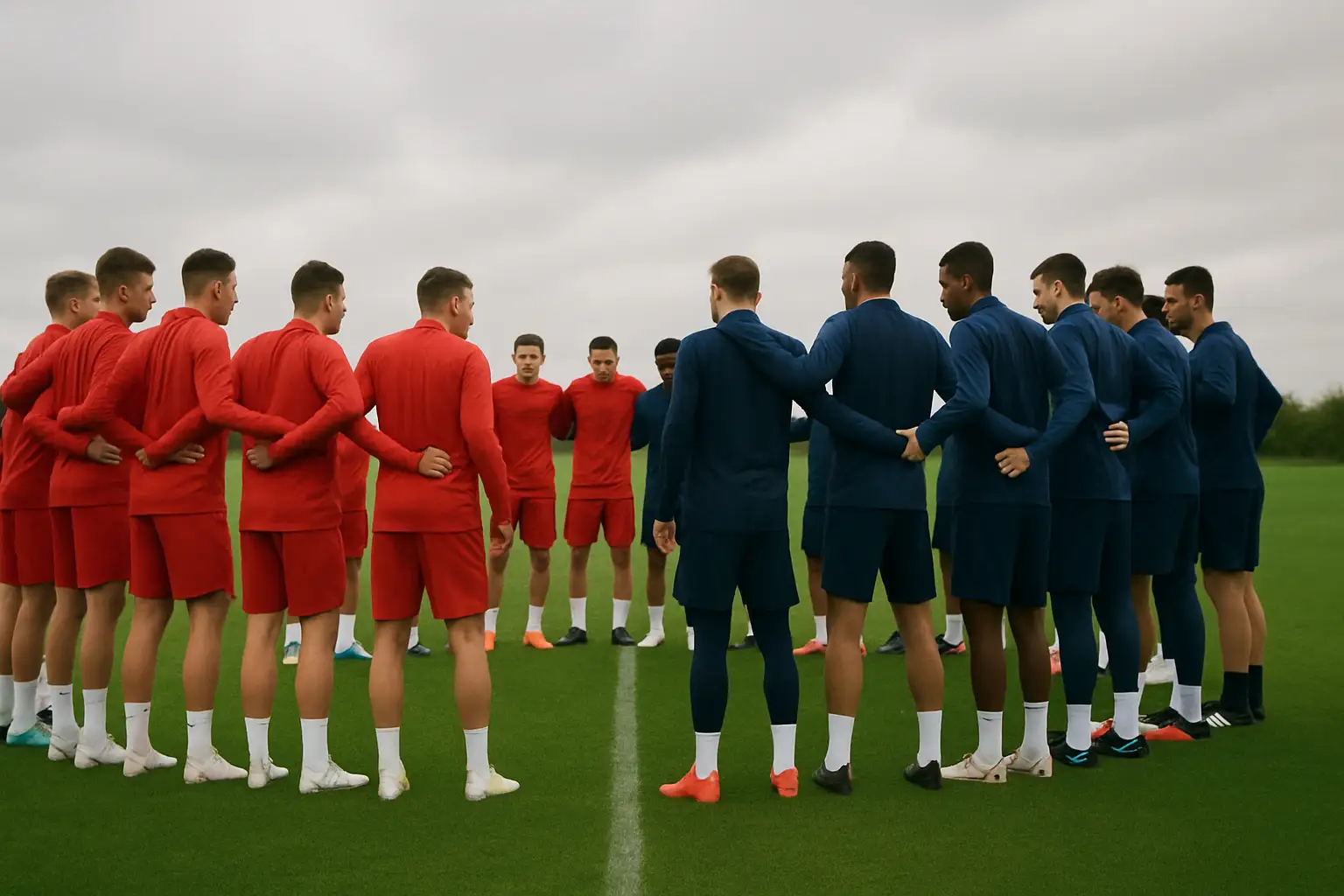 Football players in national team kits gathered on a training pitch before an international match