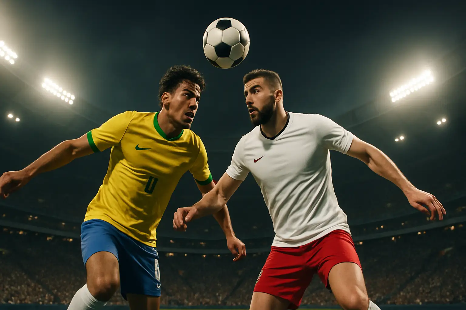Football players from two national teams competing in a stadium during a quarter-final match