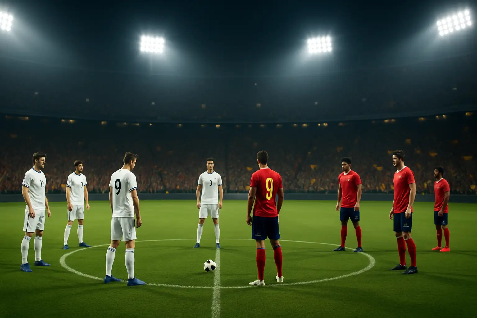 Football players competing in an international World Cup group stage match under floodlights