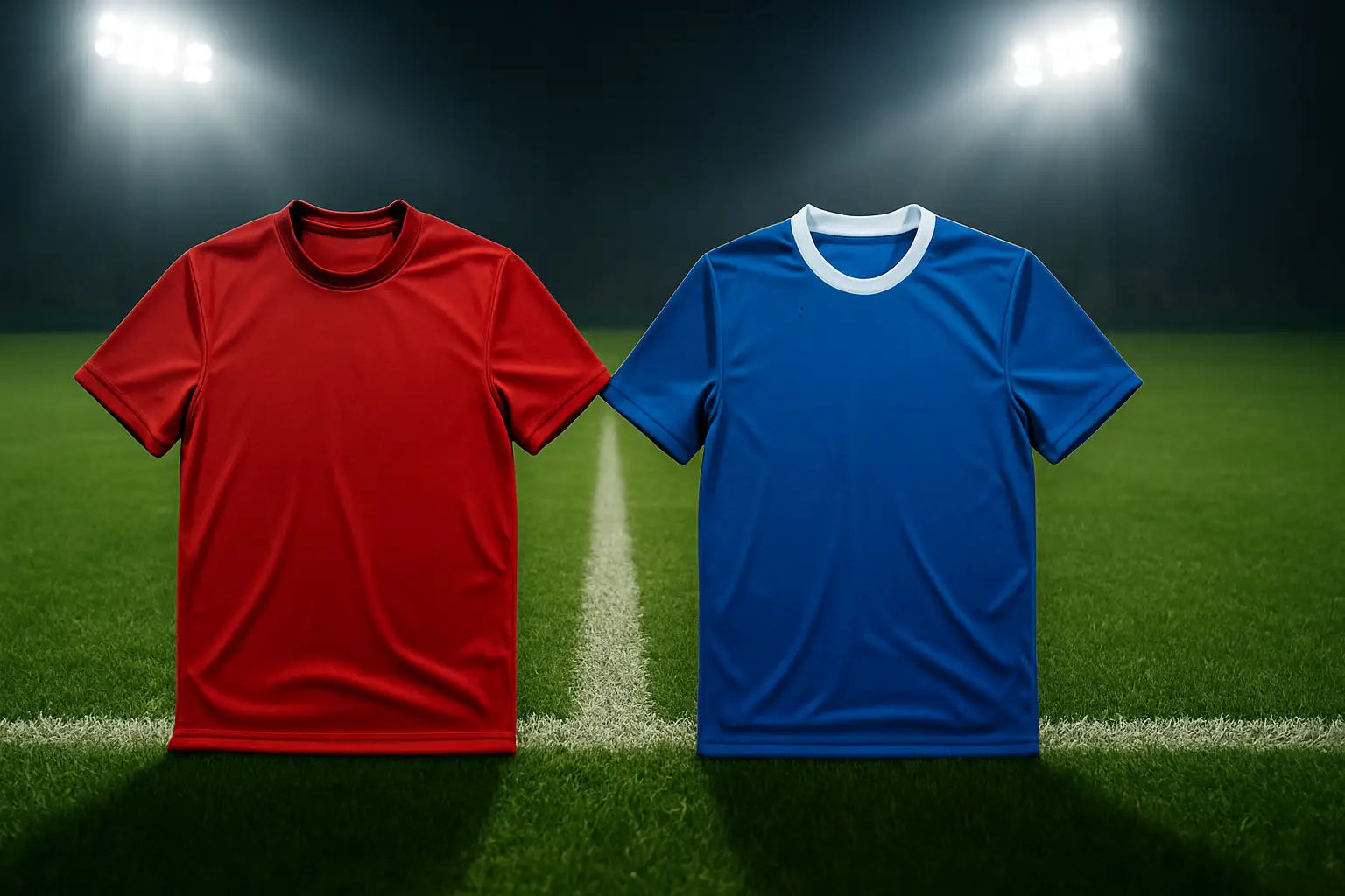 Norway and France national football team kits side by side on a green pitch