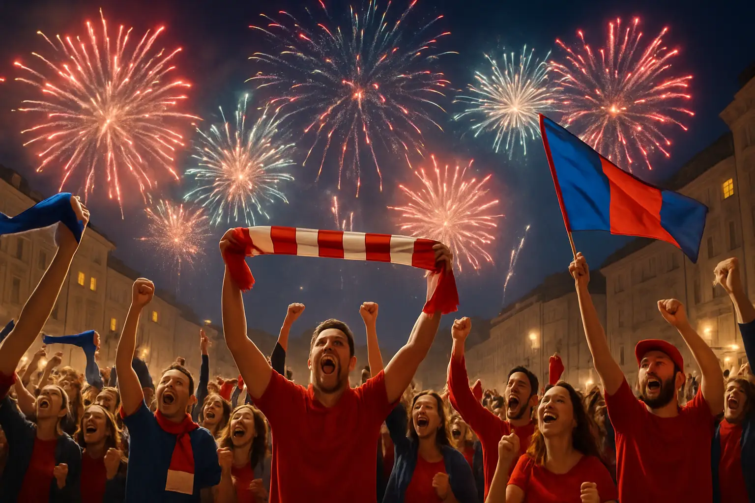 Norwegian football fans celebrating a historic World Cup victory with fireworks in the night sky