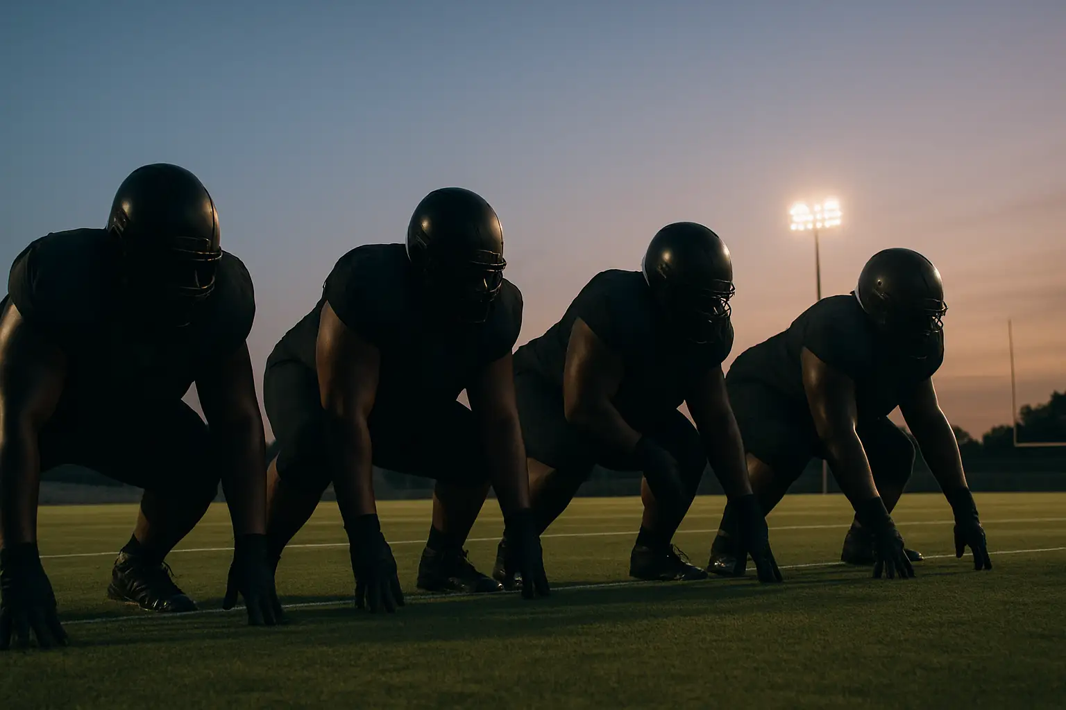 Notre Dame football defensive linemen in practice formation on a college football field