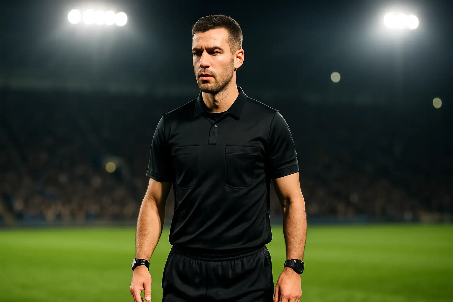 A football referee holding a whistle on a green pitch under stadium lights