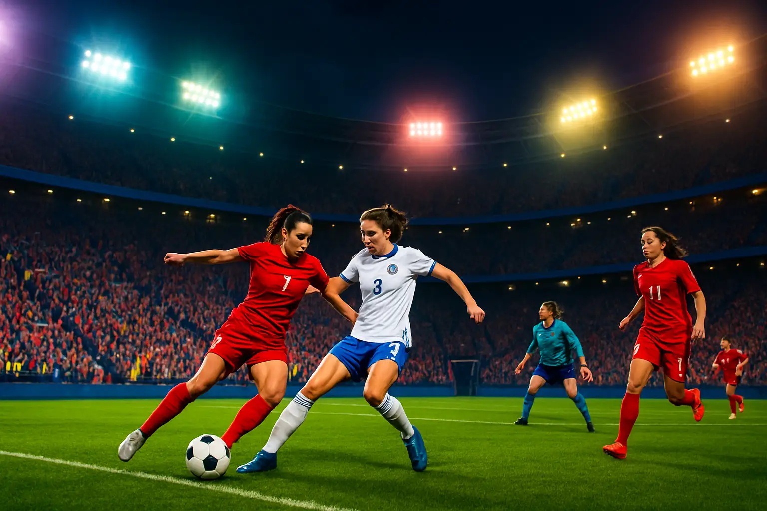Soccer players on a floodlit pitch with stadium crowd in background