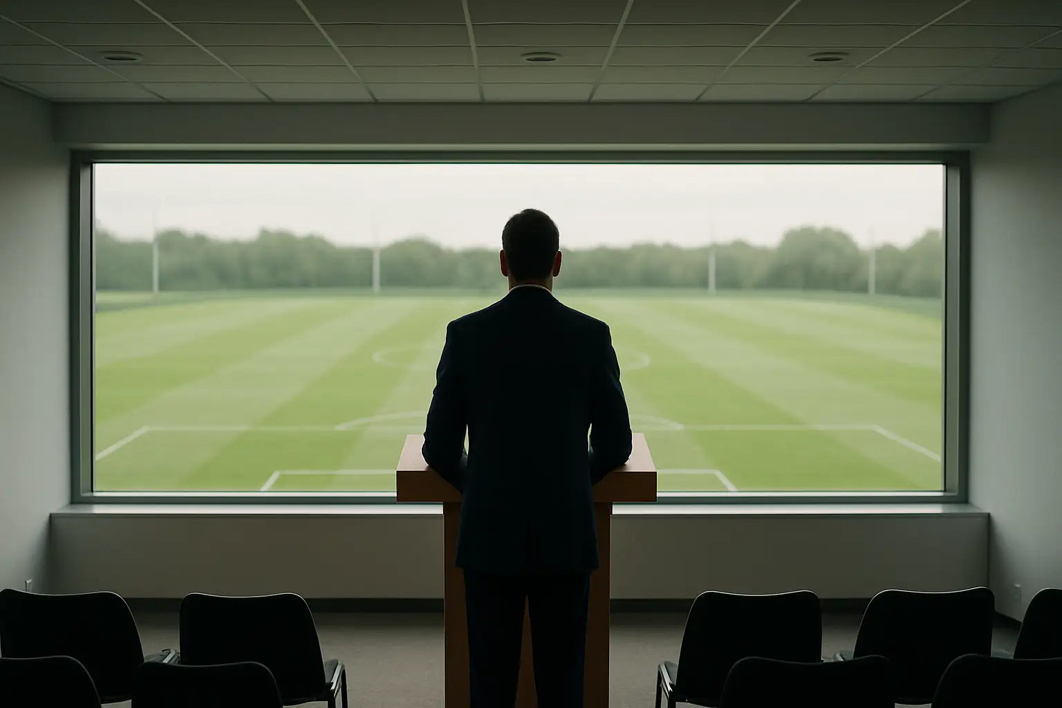 A football federation official at a podium with a football pitch visible in the background