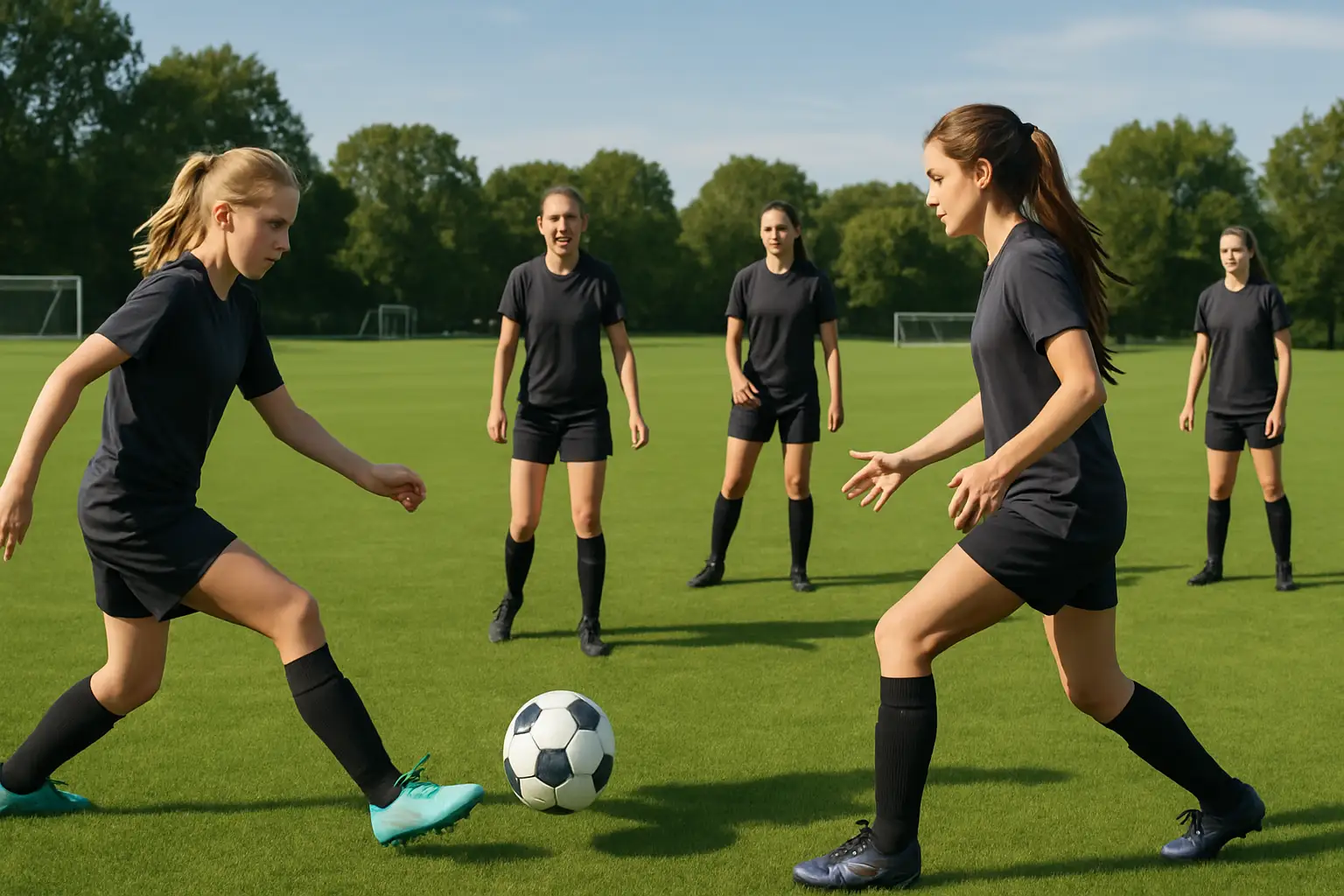 Young female footballers in New Zealand kit training on a green pitch