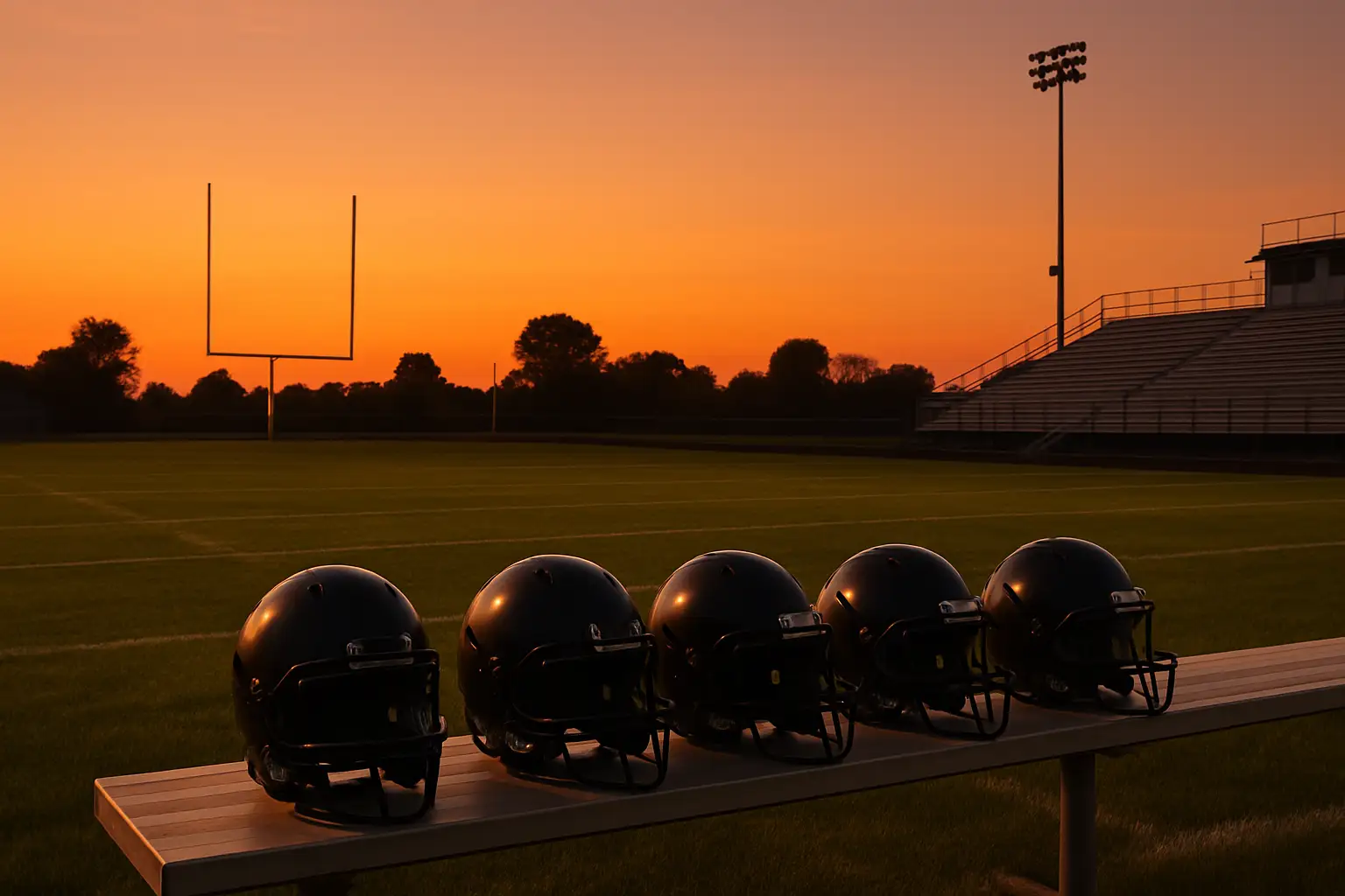 Empty high school football field with goal posts at dusk