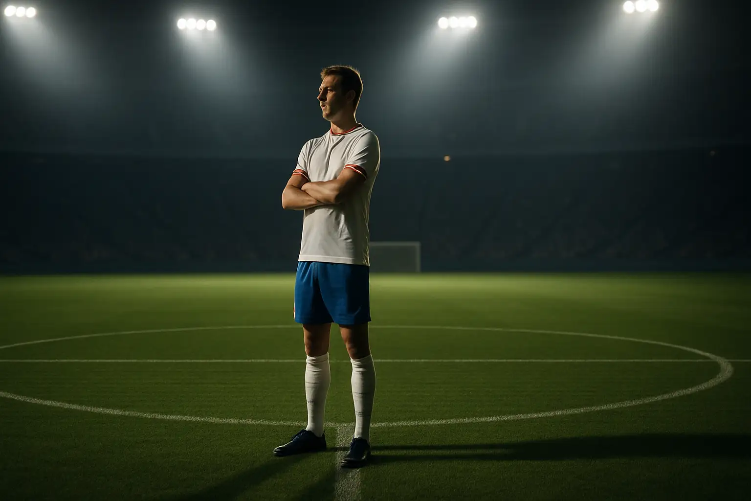 A football captain leading his team onto the pitch under floodlights before an international match