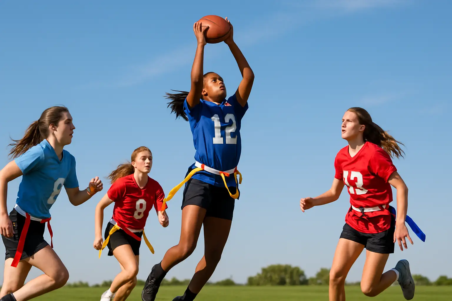 Female high school athletes playing flag football on a grass field during a sunny afternoon game