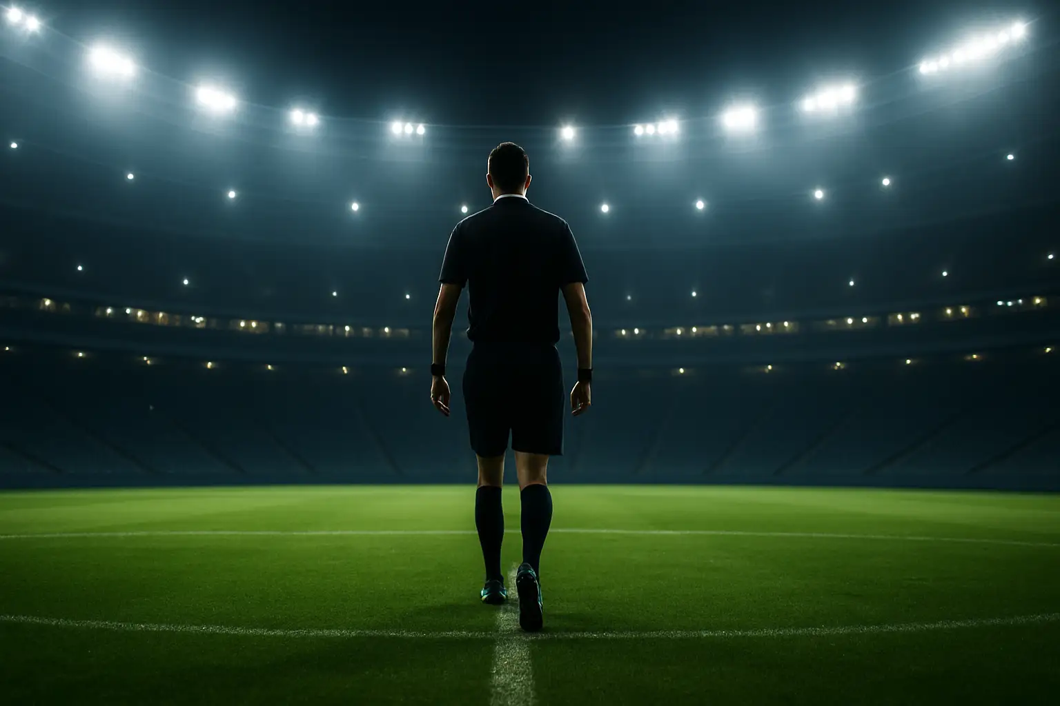 A referee in black kit walks onto a floodlit football pitch before a major European match