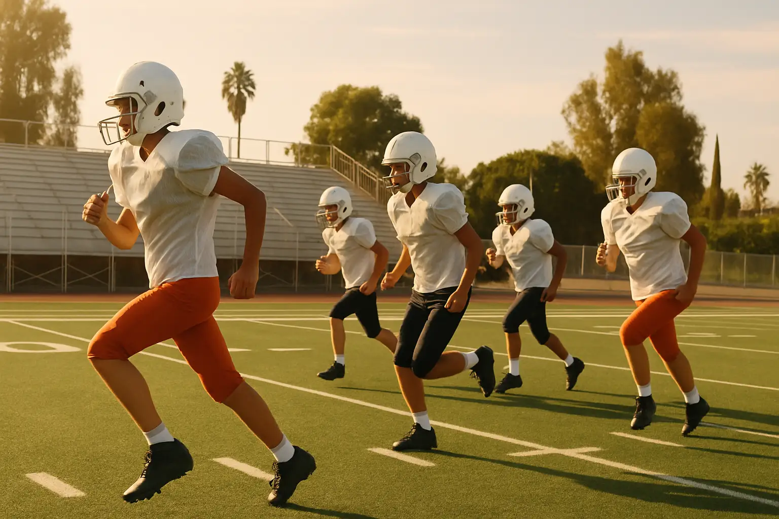 High school football players on a field during preseason practice in Orange County