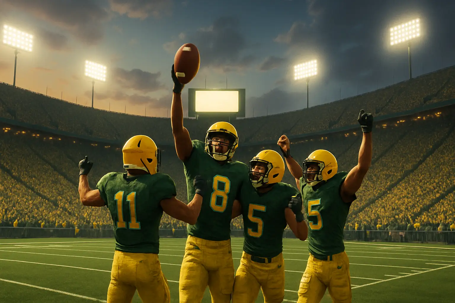 Oregon Ducks football players celebrating on the field after a big win