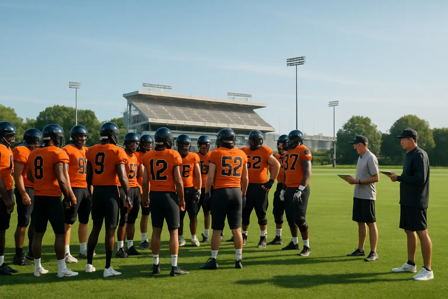 Oregon State Beavers football players in helmets during fall camp practice