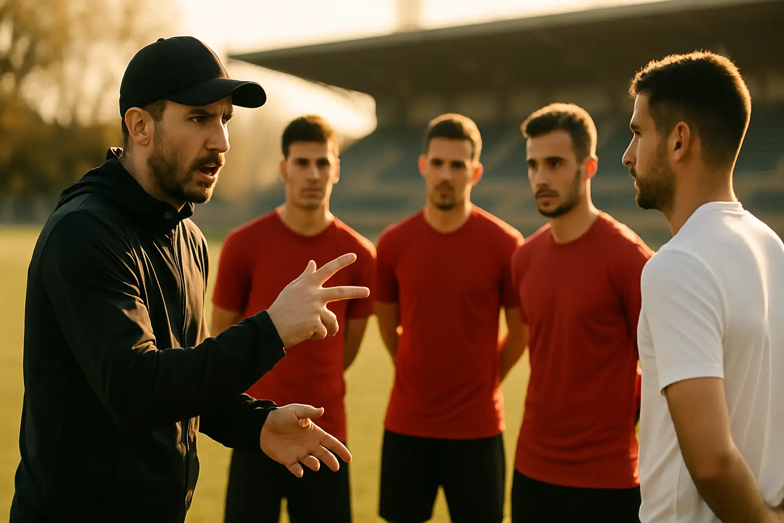 Morocco football coach addressing players on the training pitch with a confident expression
