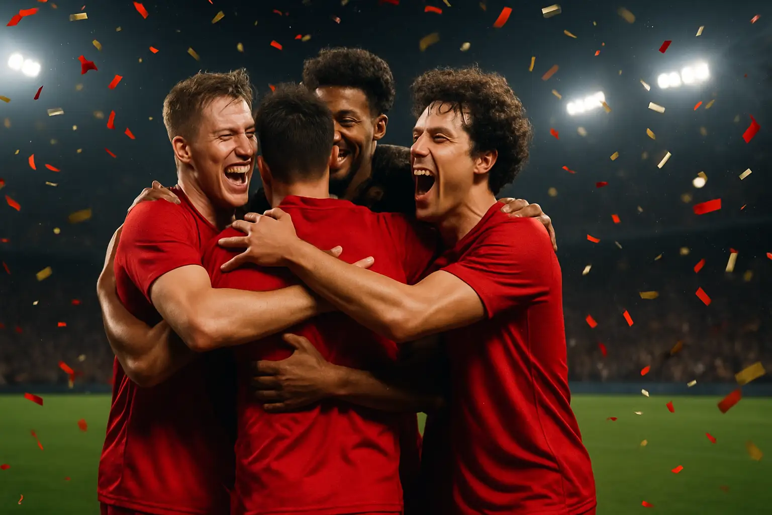 Morocco football players celebrating on a pitch under floodlights