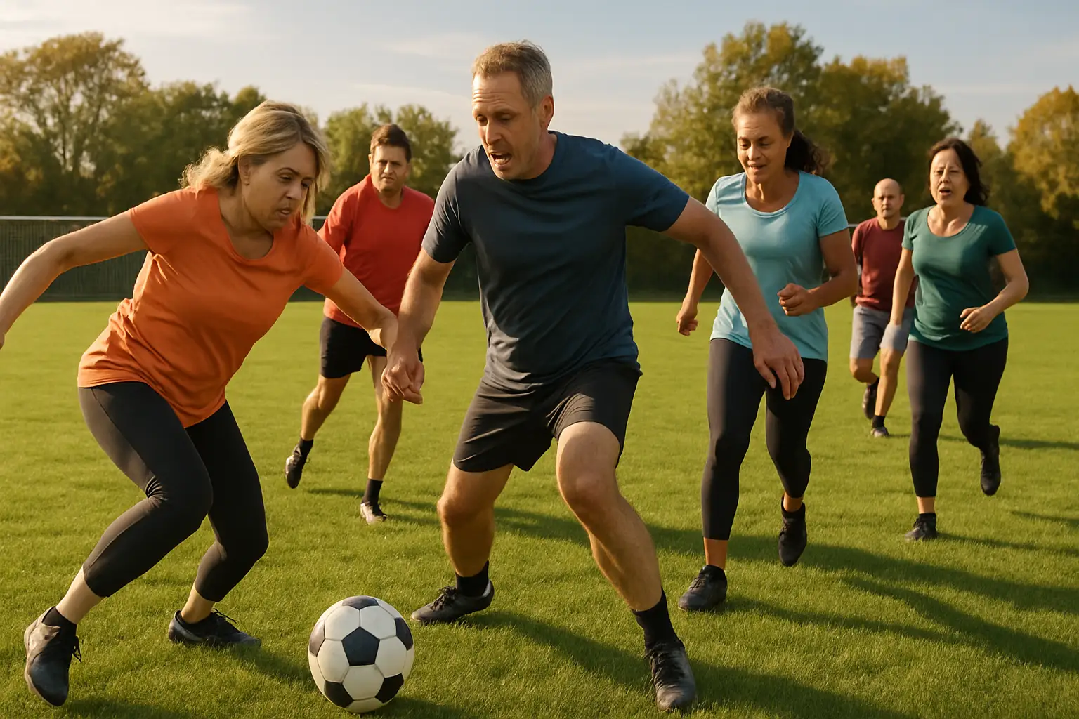 Older adult players running on a grass football pitch during a recreational match