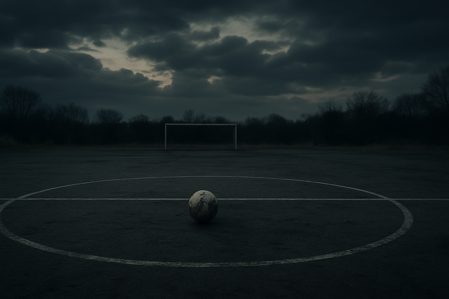 A football resting on an empty pitch under a cloudy sky, symbolizing suspended play and conflict's impact on sport