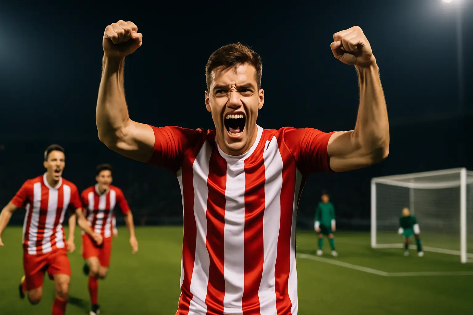 A Paraguay footballer celebrates after scoring a penalty kick in a shootout against Germany