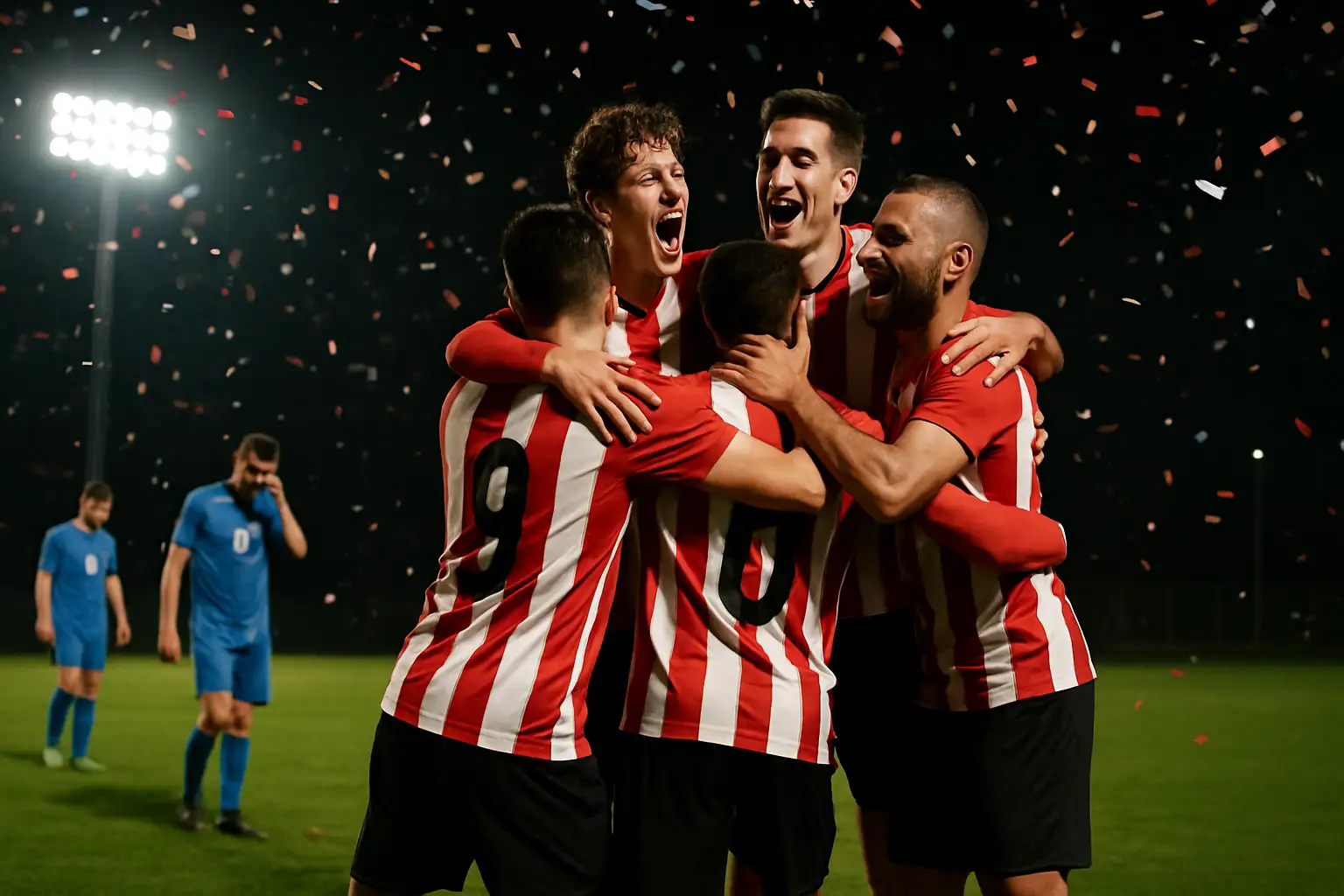 Paraguay footballers celebrating a penalty shootout victory at a major international tournament