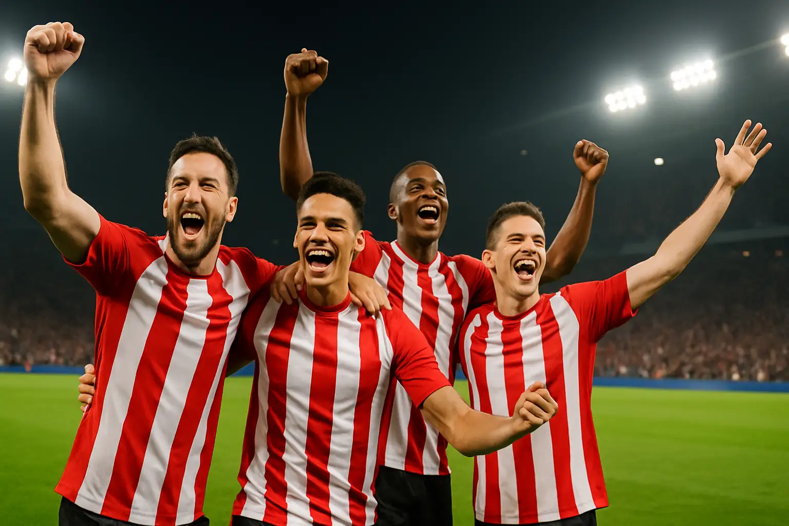 Paraguay football players celebrating on the pitch during a World Cup knockout match