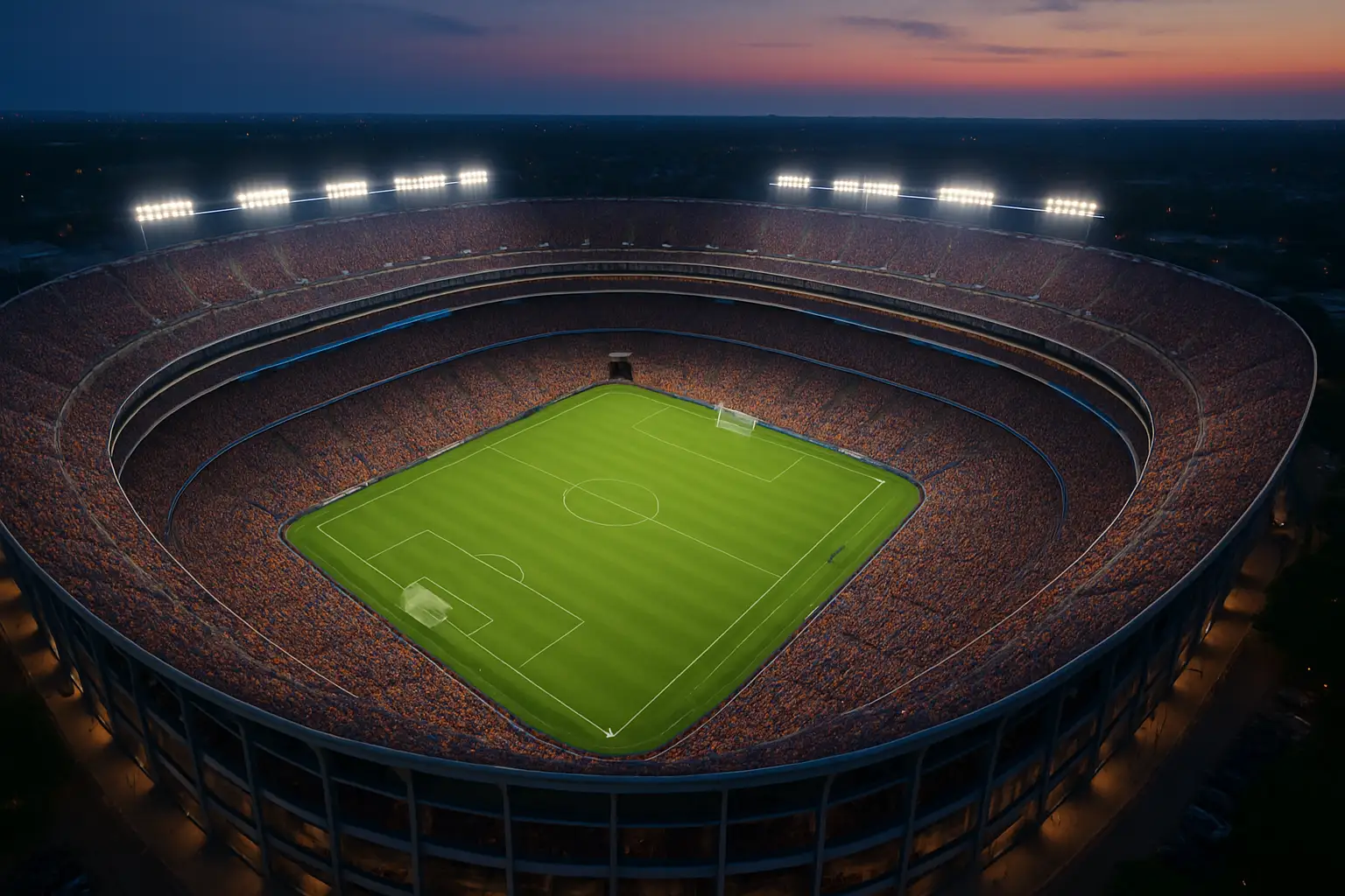 A packed football stadium at dusk with bright floodlights illuminating the green pitch before a major international match