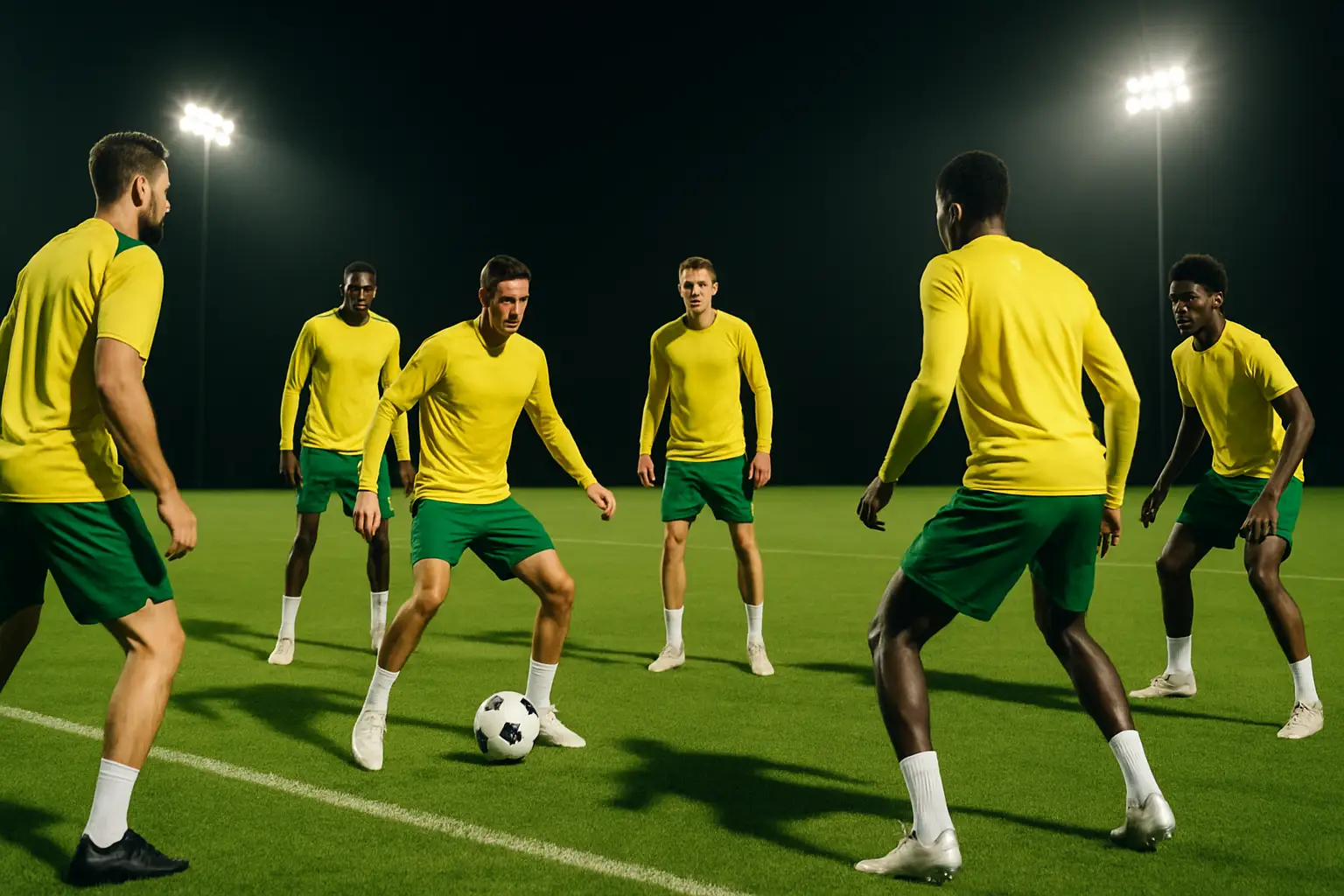 Socceroos players training on a football pitch ahead of an international match