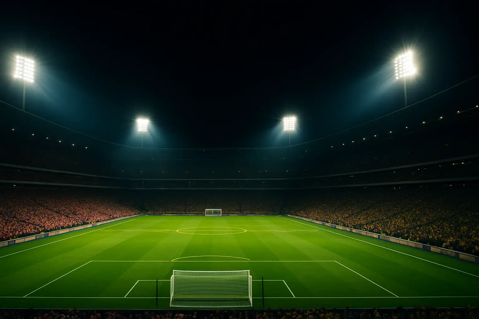 Football fans watching a World Cup match on a large screen in a packed stadium setting