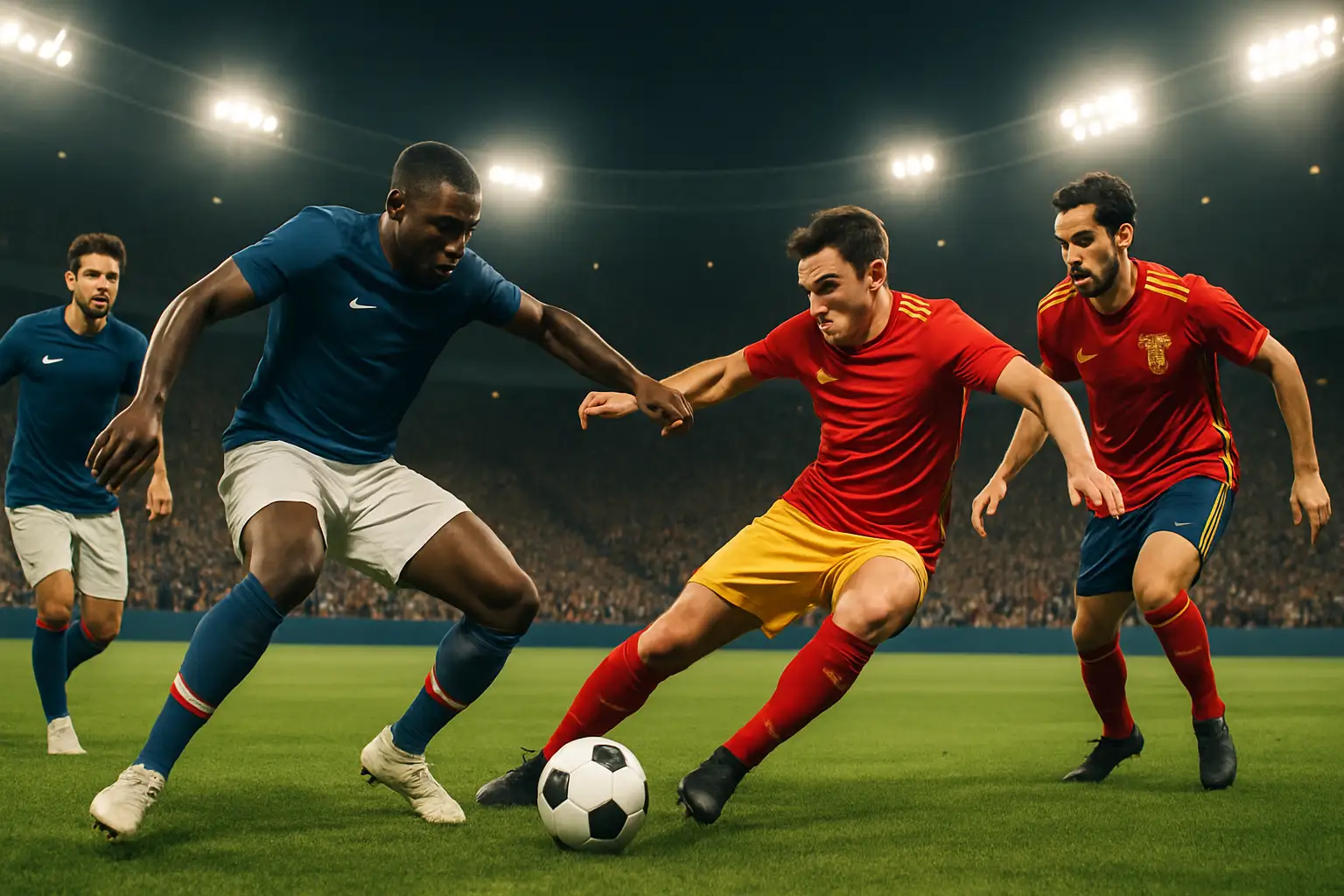 Football players competing in a World Cup knockout stage match under stadium floodlights