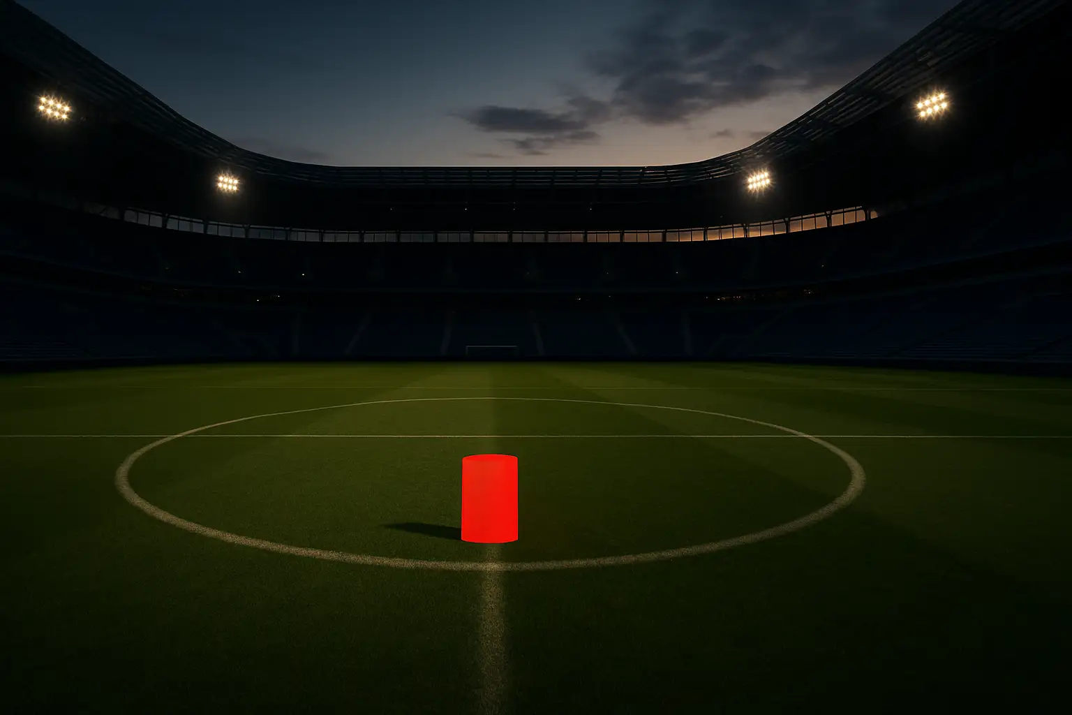 A football pitch with an empty midfield and a red disciplinary card lying on the grass