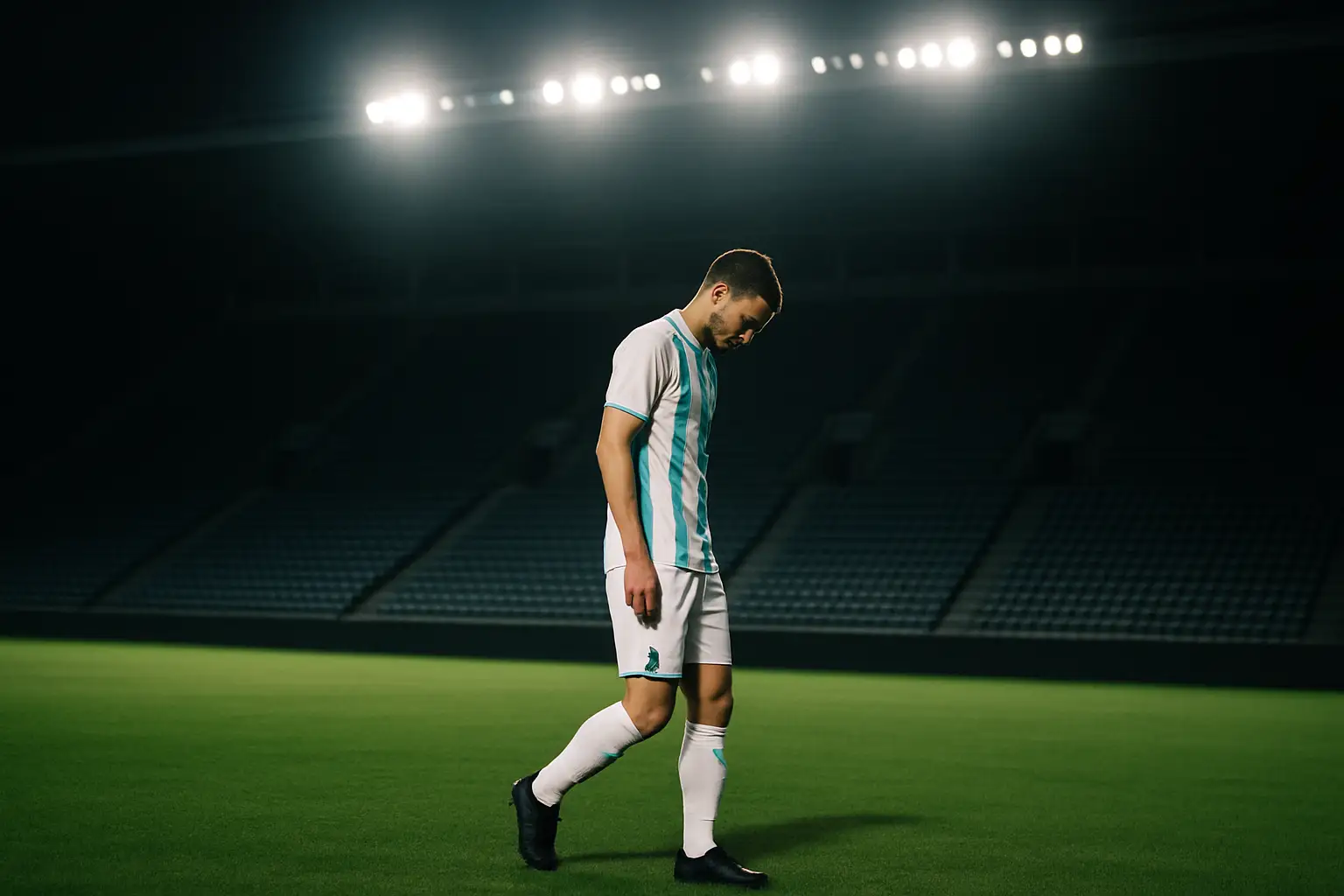 A football player walking off a pitch with his head down after a disciplinary decision