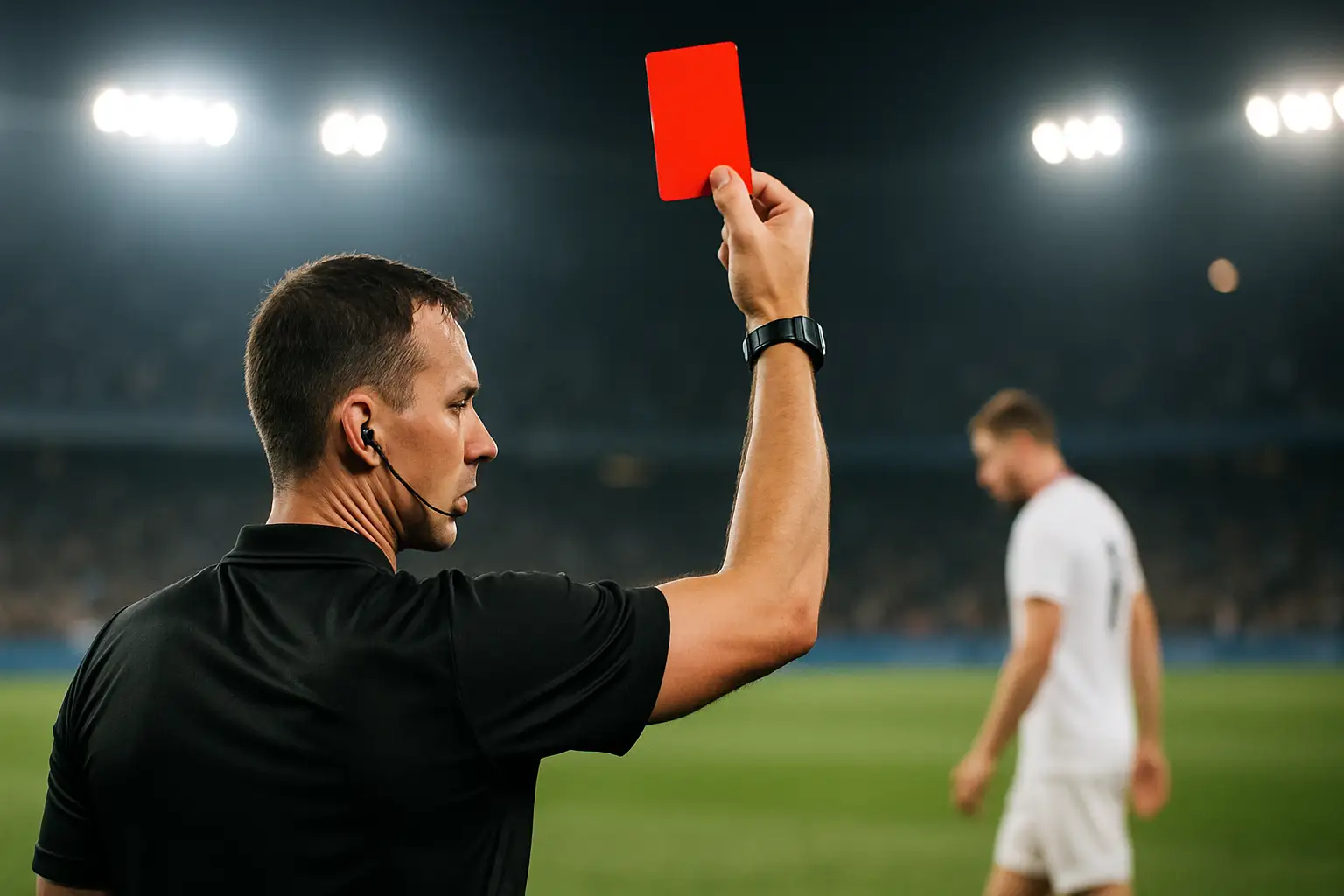 A football player being shown a red card by a referee on a packed stadium pitch