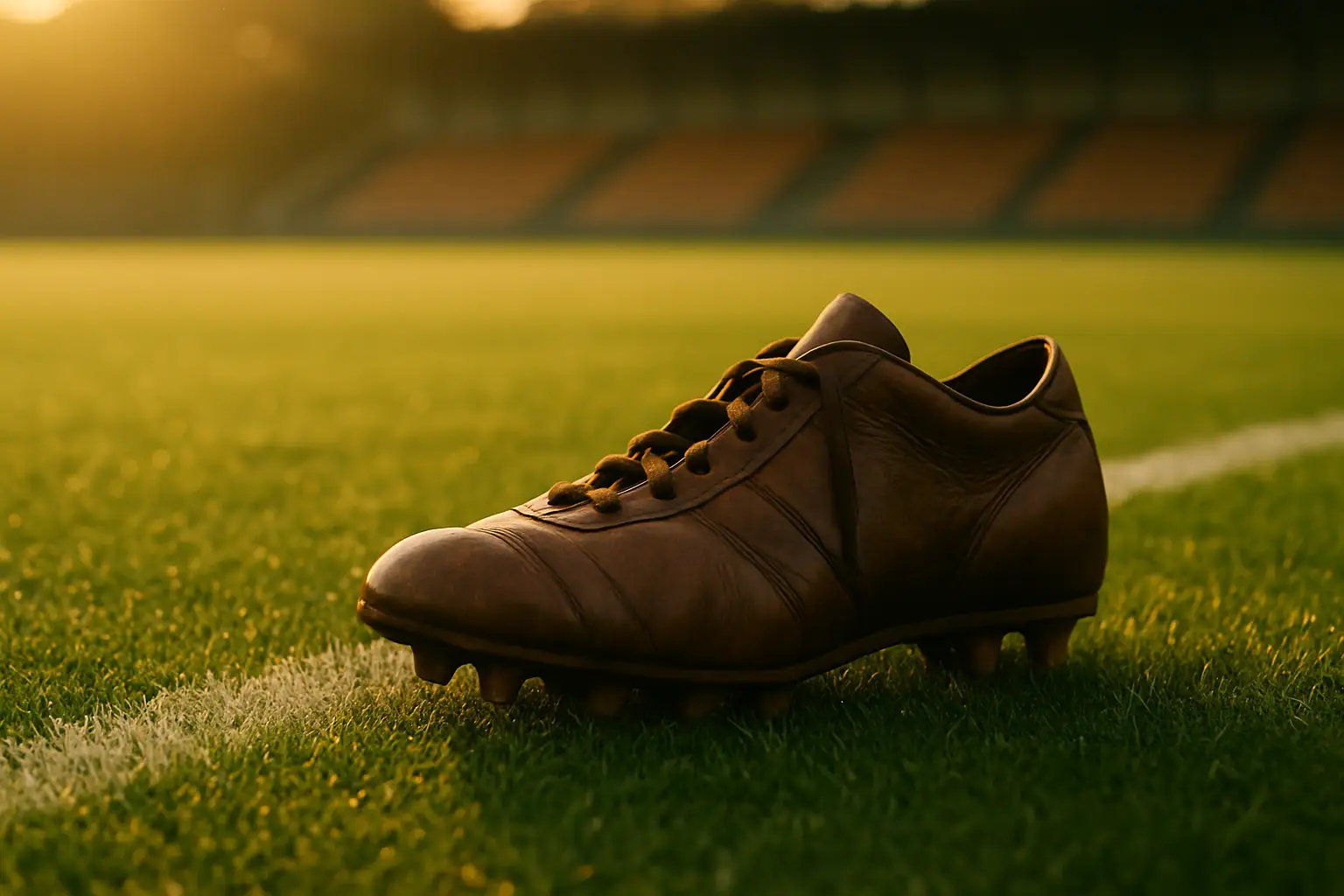 A football boot on a pristine training pitch at dawn with stadium lights glowing in the background