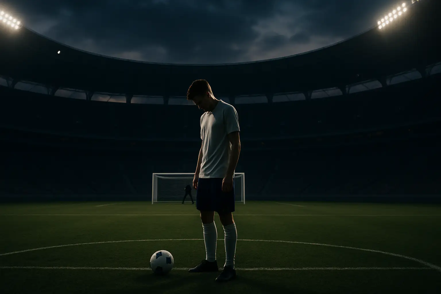 A footballer standing alone at the penalty spot in an empty stadium, head bowed under pressure