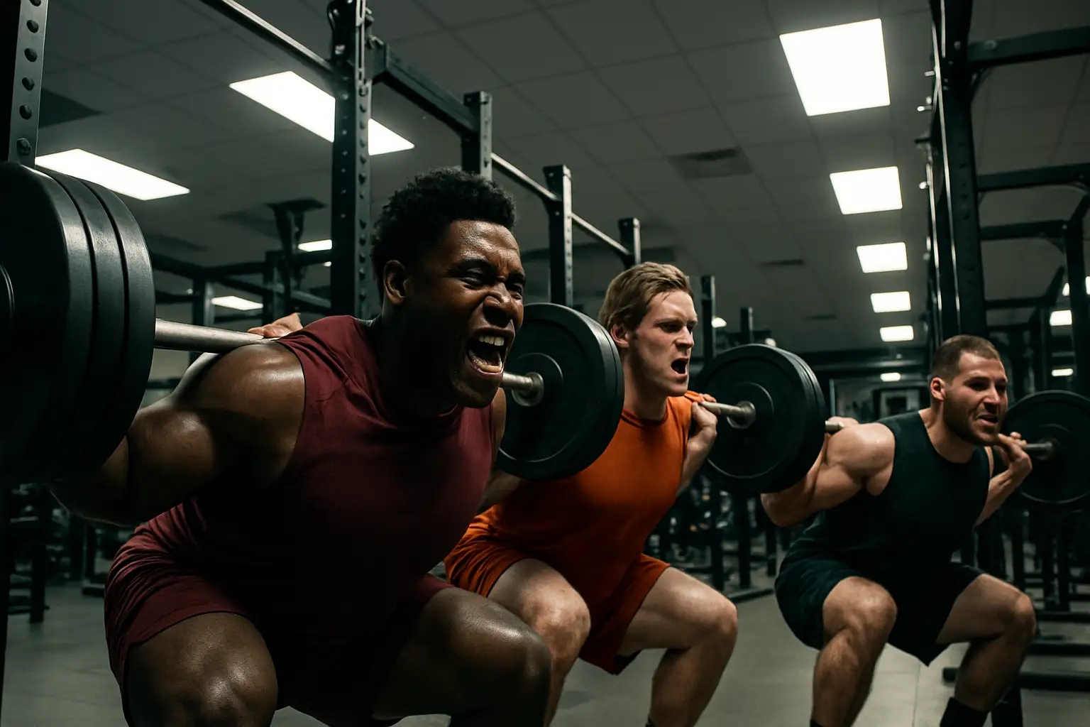 Penn State football players training intensely in a weight room setting