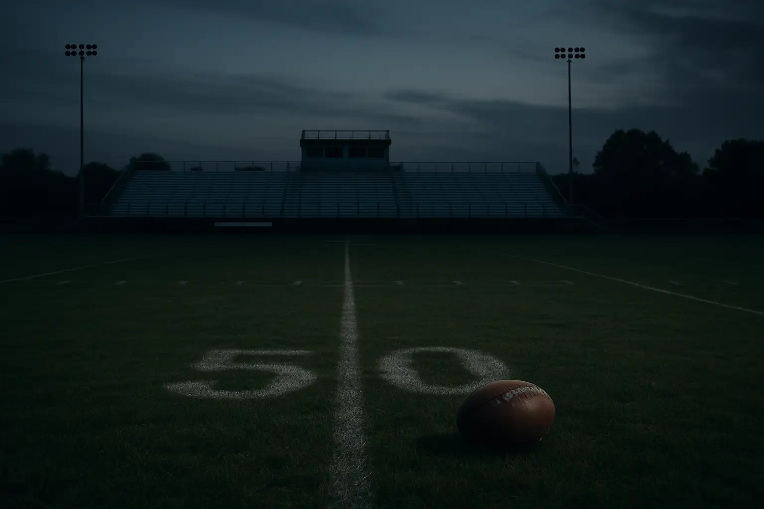 Empty high school football field with goalposts at dusk, police tape in the foreground
