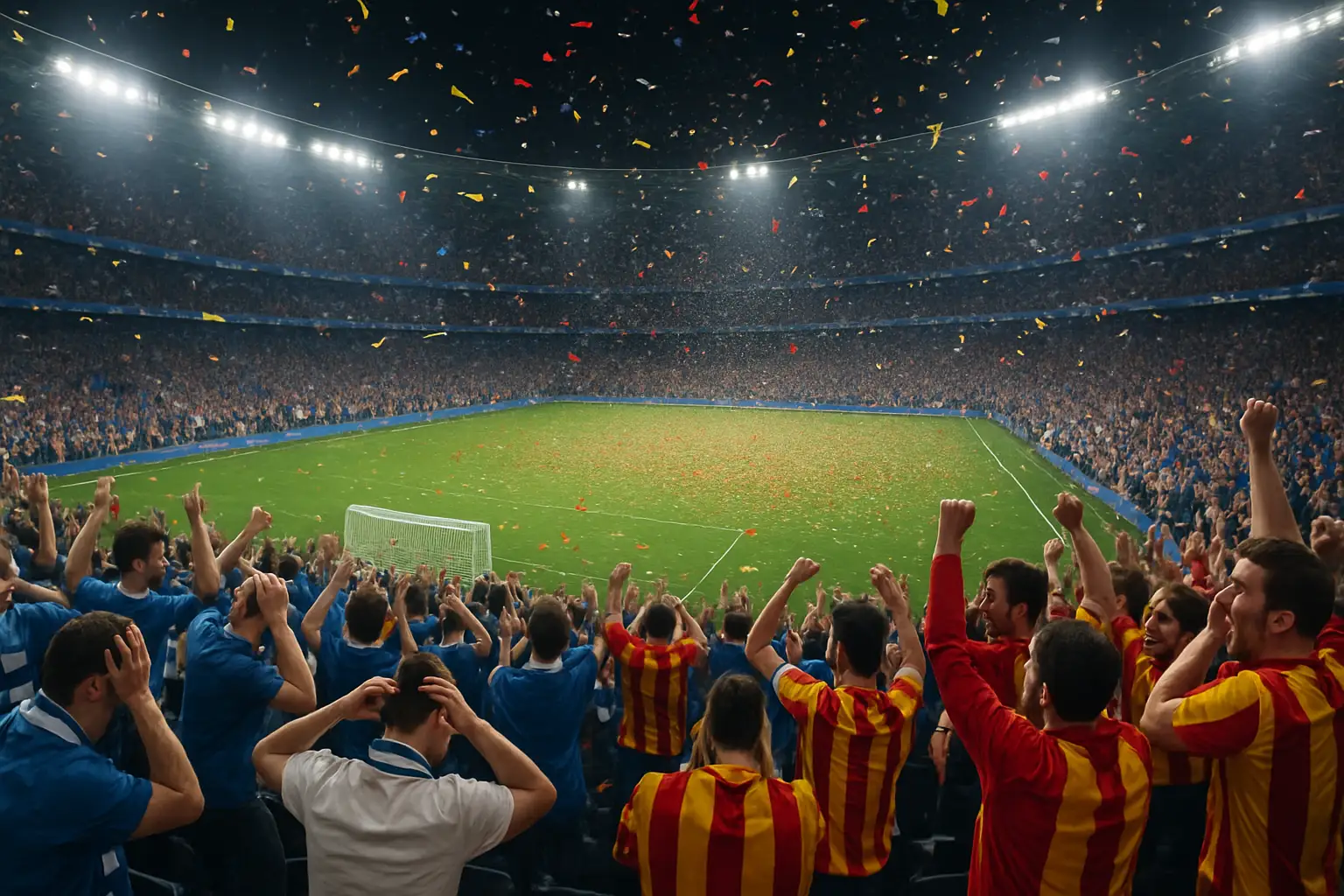 Fans holding football scarves in a stadium after a tense World Cup final match