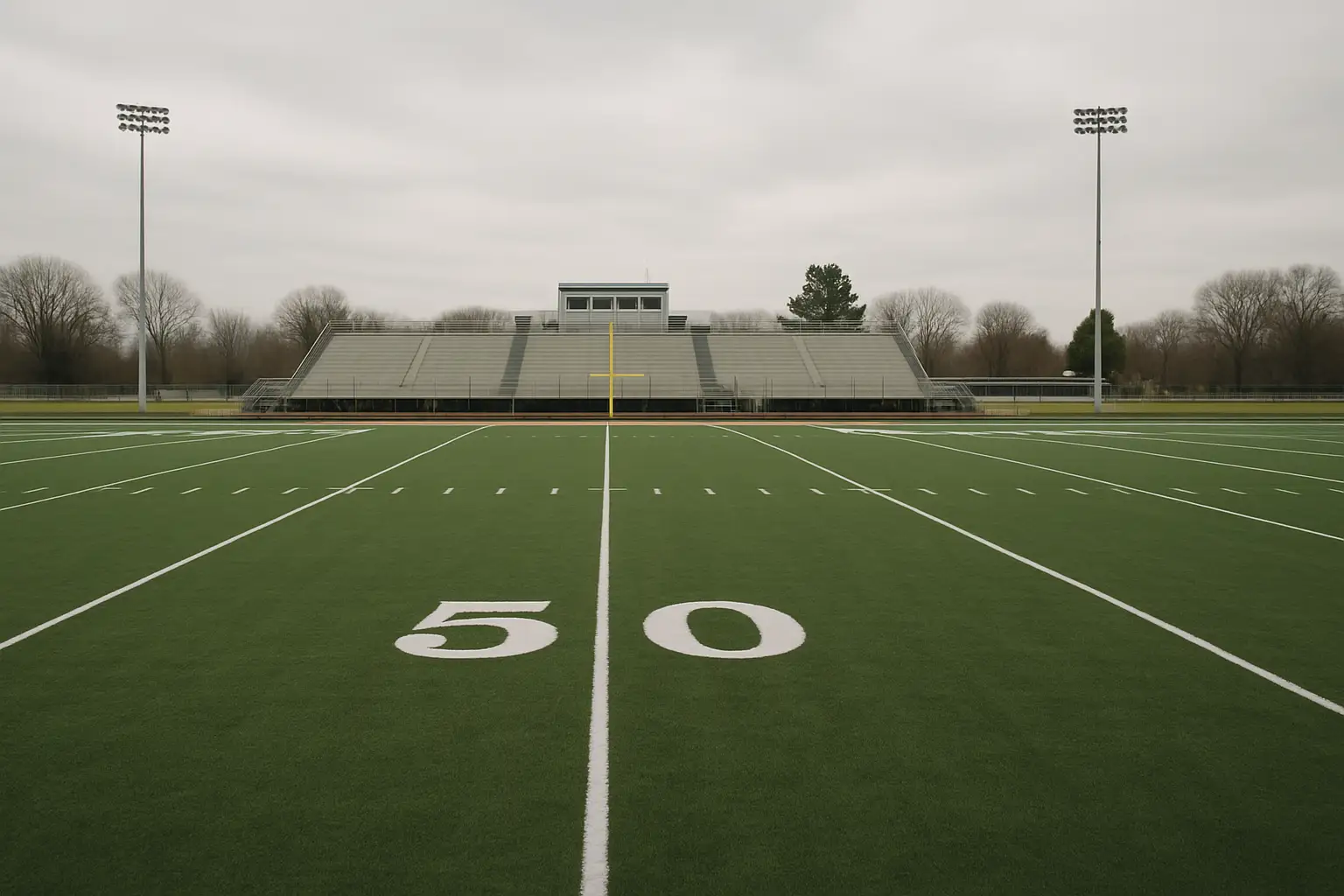 Empty community college football field with goalposts under a cloudy sky