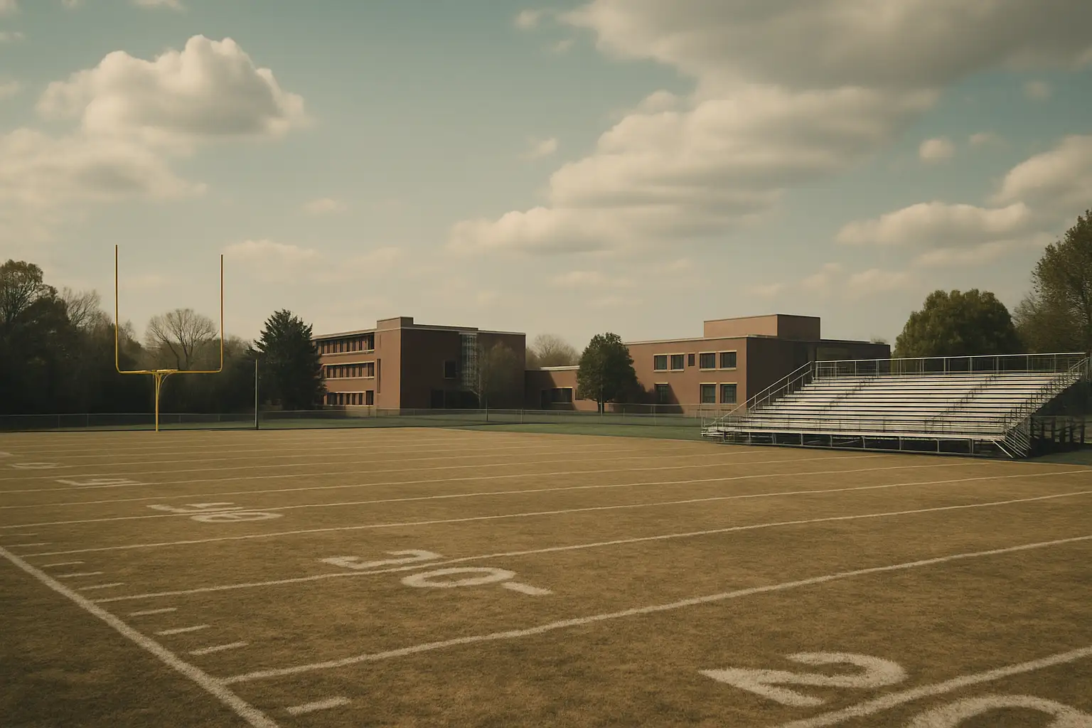 Empty community college football field with goalposts under a clear sky