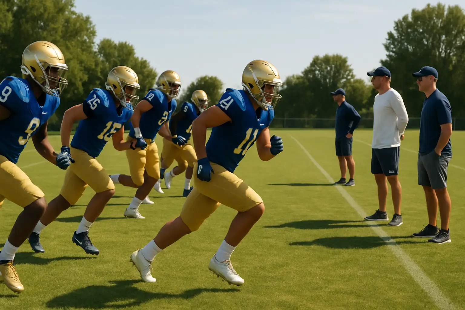 Pitt Panthers football players practicing on the field during preseason camp