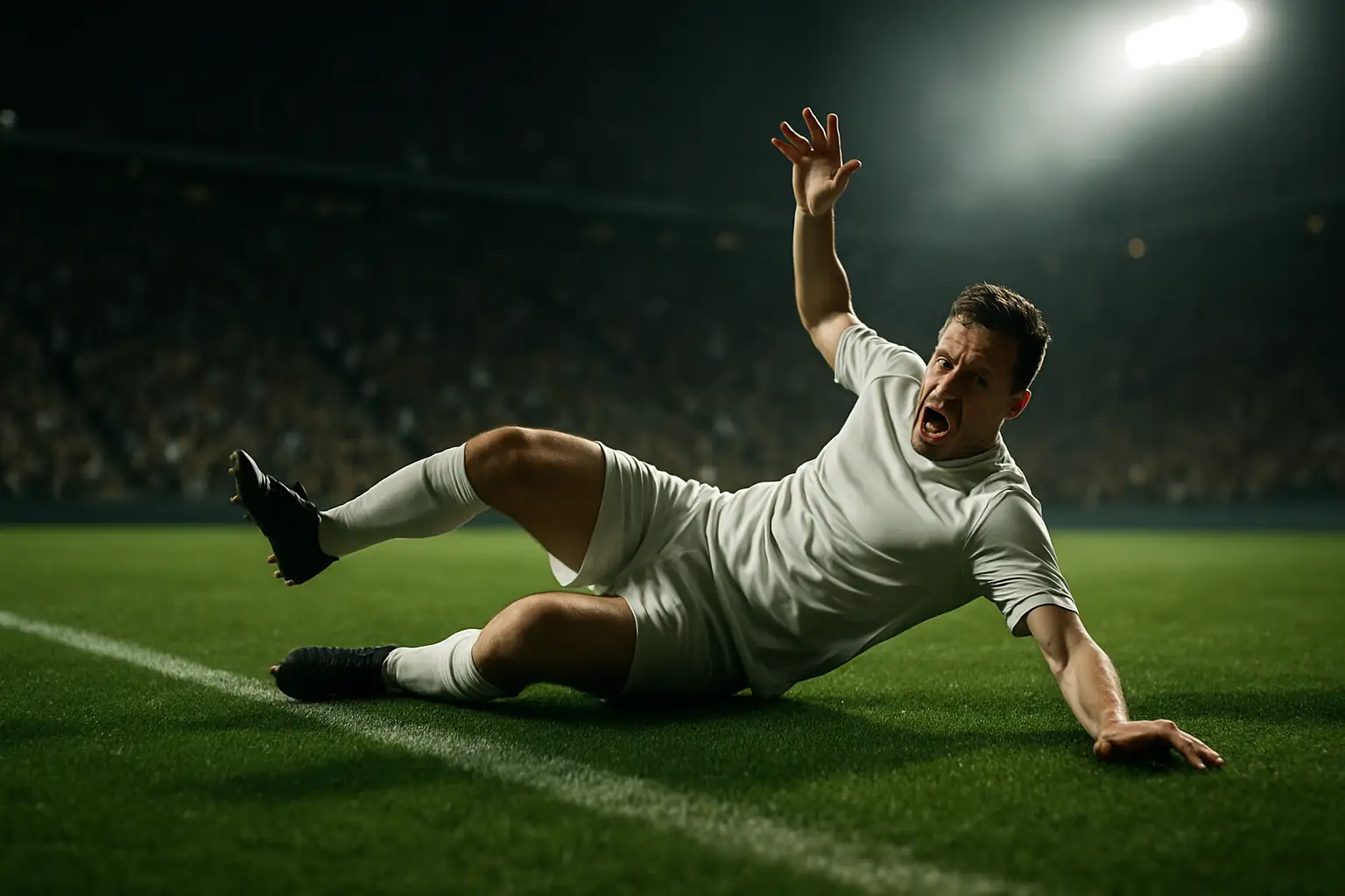 Football player stumbling near the touchline during a goal celebration on a stadium pitch