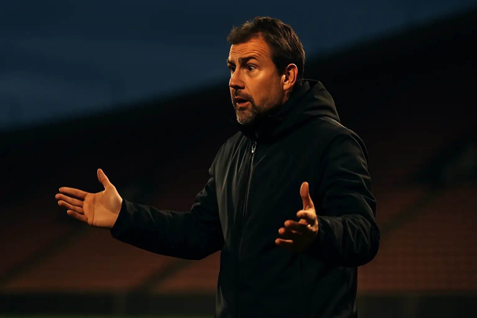 A soccer coach gesturing on the touchline during an international match