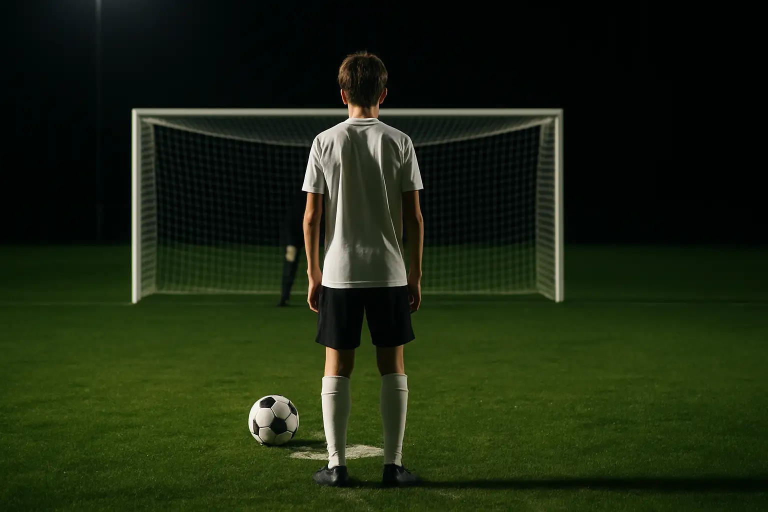 A young footballer standing at the penalty spot under floodlights, teammates watching from the centre circle